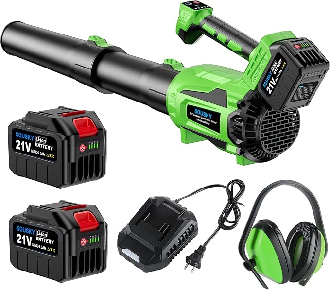 SOUSKY Leaf Blower Cordless, Battery Leaf Blower with 2 * 6.0Ah Batteries and Charger, 21V Brushless Electric Leaf Blowers with 5 Speed Levels and Turbo Mode for Lawn Care,Blowing Leaves,Yard Cleanup