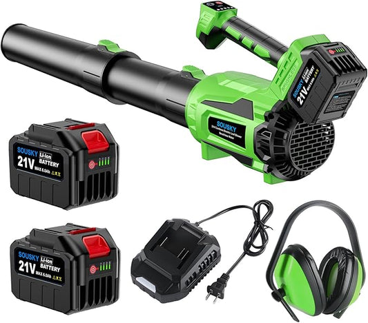 SOUSKY Leaf Blower Cordless, Battery Leaf Blower with 2 * 6.0Ah Batteries and Charger, 21V Brushless Electric Leaf Blowers with 5 Speed Levels and Turbo Mode for Lawn Care,Blowing Leaves,Yard Cleanup