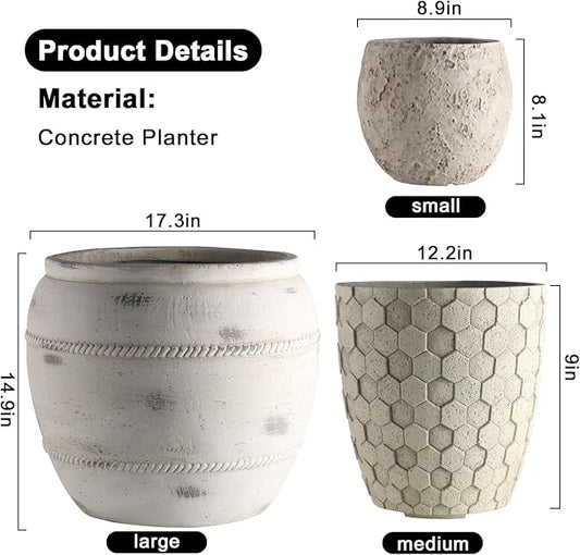 Round Concrete Style Planter Set of 3, Large Outdoor Flower Pots with Drainage, Stone Texture Plant Pots for Indoor Outdoor Garden, Patio & Balcony Décor (3, Stone White)
