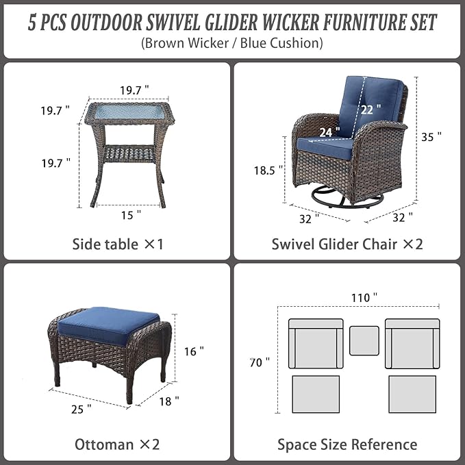 Belord Small Conversation Sets Patio Funiture - 5 Piece Outdoor Swivel Rocker Wicker Furniture Sets with Ottomans Side Table Perfect for Patio Deck Backyard, Brown Wicker Blue Cushion