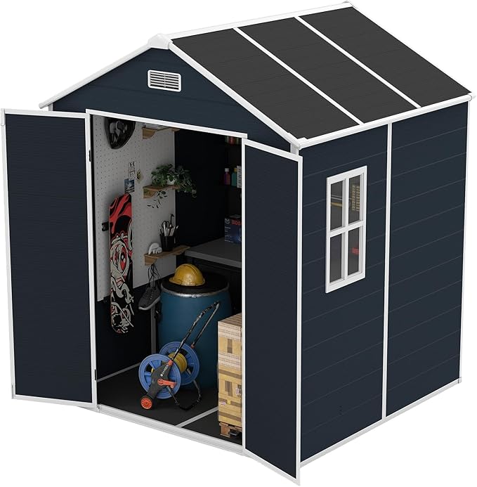 Resin Storage Shed 6x6ft, Outdoor Storage Sheds with Floor, Window, Lockable Doors and Vents, 12mm Thick pp Board, Tool Shed for Bike, Garden, Backyard, Lawn (Dark Gray, 6 * 6ft)