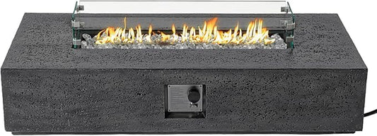 SUNBURY Outdoor Travertine Fire Pit Table, Propane Burning FirePit, 56x28 inch Square Patio Fire Table 50,000 BTU Fire Pit for Outside with Waterproof Cover and Glass Stones, Light Gray