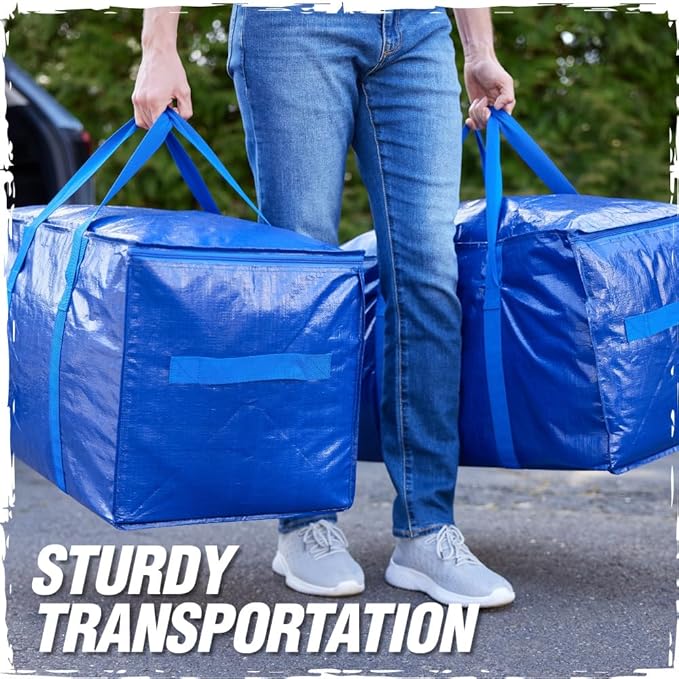 RUGGED RHINO 8 Pack Heavy Duty Extra Large Blue Moving Bags, Durable Bag with Strong Handles and Zipper, Moving Boxes Alternative for College Packing, Holiday Décor, Space Saving Storage with Label