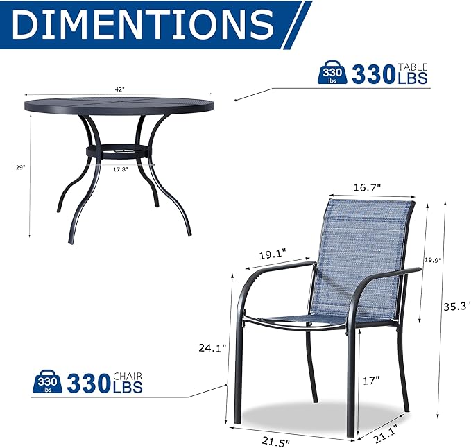 5 Piece Outdoor Dining Set, Patio Table and Chairs Set of 4, 42" Black Round Patio Table with 4 Blue Stackable Patio Chairs for Lawn, Garden, Porch