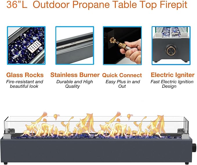36-inch Table Top Propane Fire Pit, 40,000 BTU Tabletop Firepit for Patio, Outdoor Portable Rectangular Fire Bowl w/Wind Glass Shield, Glass Rocks - Carbon Gray