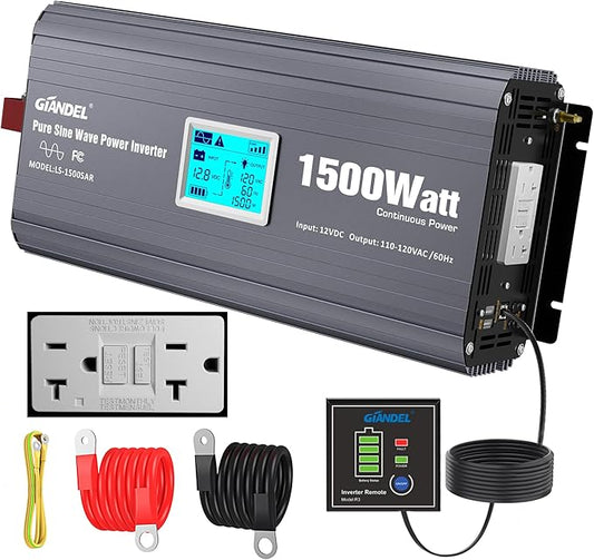 GIANDEL 1500 Watt Pure Sine Wave Power Inverter with UL458 GFCI Outlets Inverter 12V DC to 120V AC FCC Approved and Remote with Battery Level Monitor for RVs Campers Off Grid Solar Setup