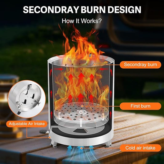 CHANGE MOORE Table Fire Pit Set, Portable Smokeless Firepit with Flodable Stand, Secondary Burn Fueled by Pellets or Wood, 201 Stainless Steel Table Top Firepit for Patio, Camping, Backyard
