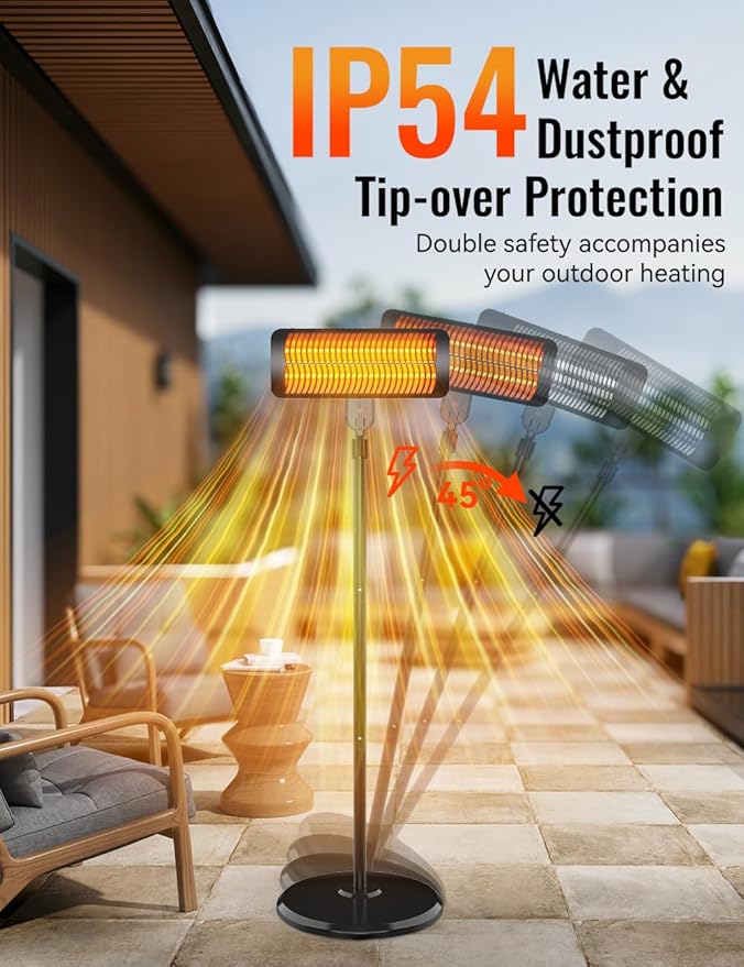 Outdoor Heaters for Patio, 12H Timer&3 Heat Level, IP54 Waterproof Electric Heater,1500W Infrared Heating Covers 300Sq.ft, Tip-Over Protection, Towel Bracket, Remote, 83" Patio Heaters for Outdoor Use