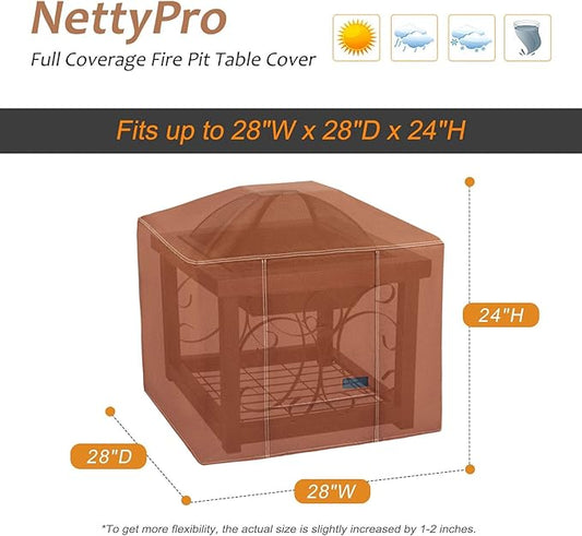 NettyPro Fire Pit Cover Square Waterproof Outdoor Firepit Cover for Gas Propane Fire Pit Table, 28 x 28 x 24 inch, Brown