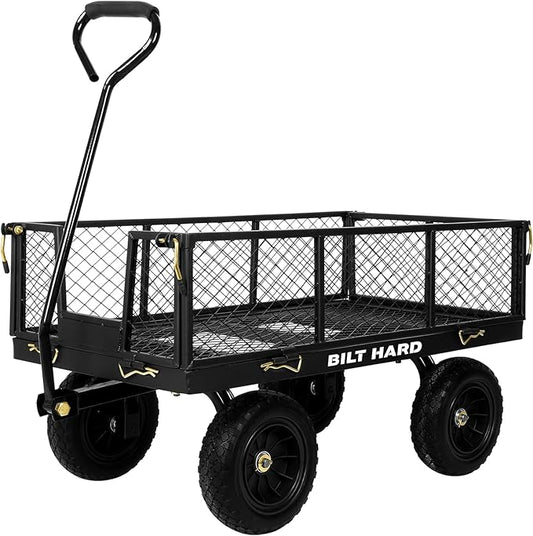 BILT HARD 400 lbs 10" Flat Free Tires Steel Garden Cart with 180° Rotating Handle and Removable Sides, 4 Cu.Ft Capacity Utility Heavy Duty Garden Carts and Wagons