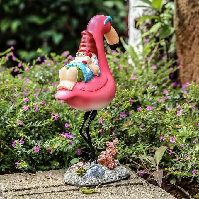 Jy.Cozy Gnome Garden Statue Funny Gnome Reclining on Flamingo Dwarf Figurines Resin Garden Gnomes Fall Decorations Outdoor for Patio Yard Lawn Porch Housewarming Ornament Gift
