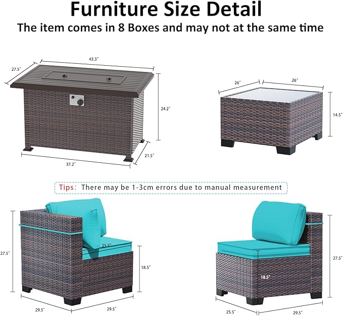 Outdoor Patio Furniture Set with Gas Fire Pit Table, 15 Pieces Outdoor Furniture Set Patio Sectional Sofa w/43in Propane Fire Pit, PE Wicker Rattan Patio Conversation Sets (Teal)