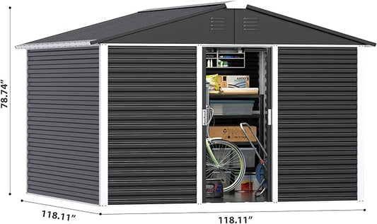 Metal Outdoor Storage Shed 10FT x 10FT, Steel Utility Tool Shed Storage House with Sliding Door, Metal Sheds Outdoor Storage for Backyard Garden Patio Lawn, Black