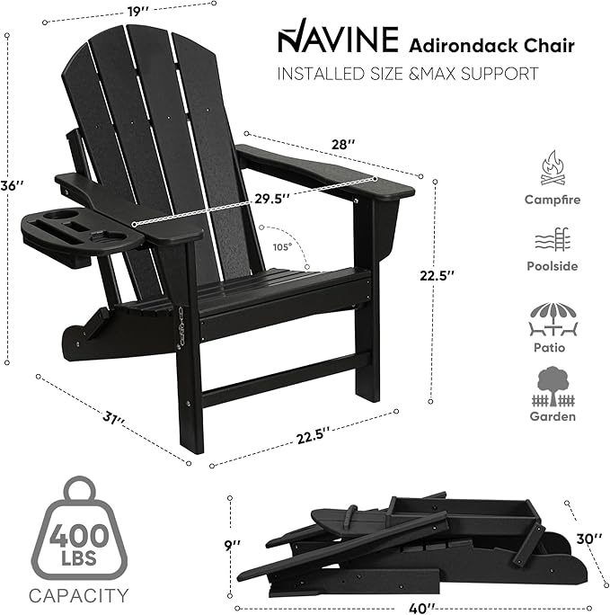 Adirondack Chair Set of 2, HDPE Folding Adirondack Chair with Multifunctional Cup Holder, Weather Resistant Fire Pit Chair for porches, patios, patios, poolsides, Decks.
