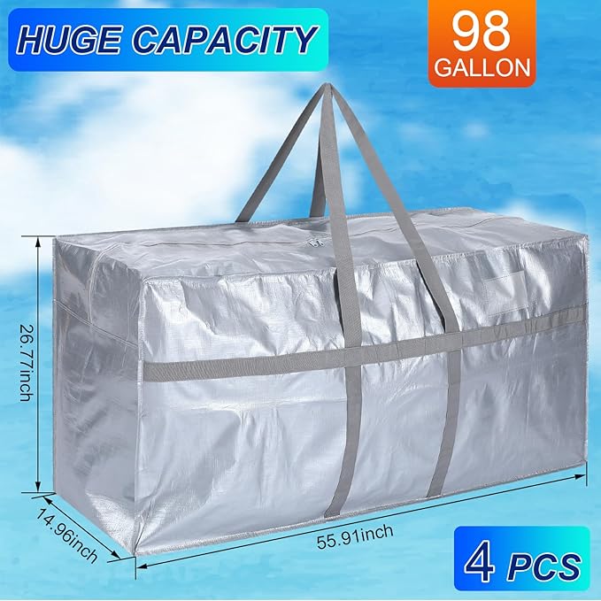 Windyun 4 Pack 98 Gallon Extra Large Storage Bags XXL Moving Bags with Zipper Handles Heavy Duty Jumbo Big Tote Box for Christmas Tree Storage 4, 5, 7.5, 9, 10, 12 ft Skeleton College Dorm(Silver)