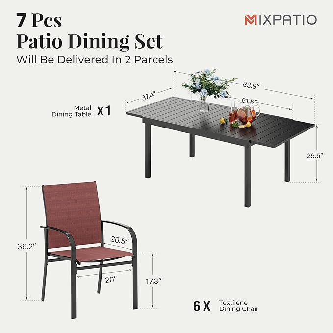 7 Pieces Patio Table and Chairs Set, Patio Dining Set for 6, 6 Textilene Chairs and 1 Expandable Rectangle Table with Umbrella Hole, for Deck Backyard Lawn Poolside, Red