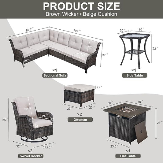 Belord Outdoor Sectional Furniture Sofa Set with Propane Fire Pit Table, Wicker Patio Conversation Set with 2 Swivel Rocker Glider Chairs Beige Cushion Perfect for Backyard Casual Gathering