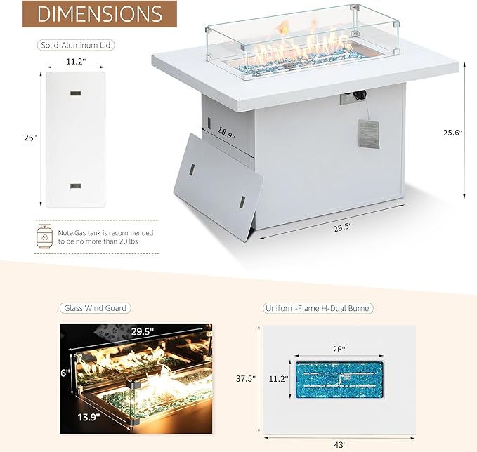 BULEXYARD 43" Aluminum Outdoor Propane Fire Pit Table, 60,000 BTU Rectangular Firepit Coffee Table with Wind Guard & Glass Stone, Large CSA Safety Approved Fireplace for Backyard Deck Garden, White