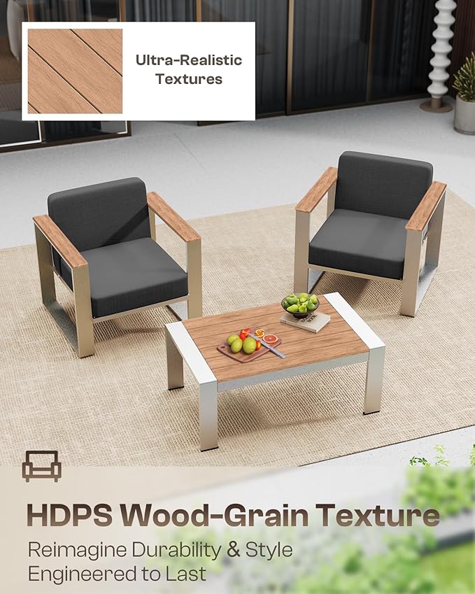 Patio Furniture Set, 5 Piece Aluminum Outdoor Furniture Set with Coffee Table, Wide Seat and Thick Cushions, Modern Outdoor Patio Conversation Sets for Deck, Porch (Teak-Charcoal)