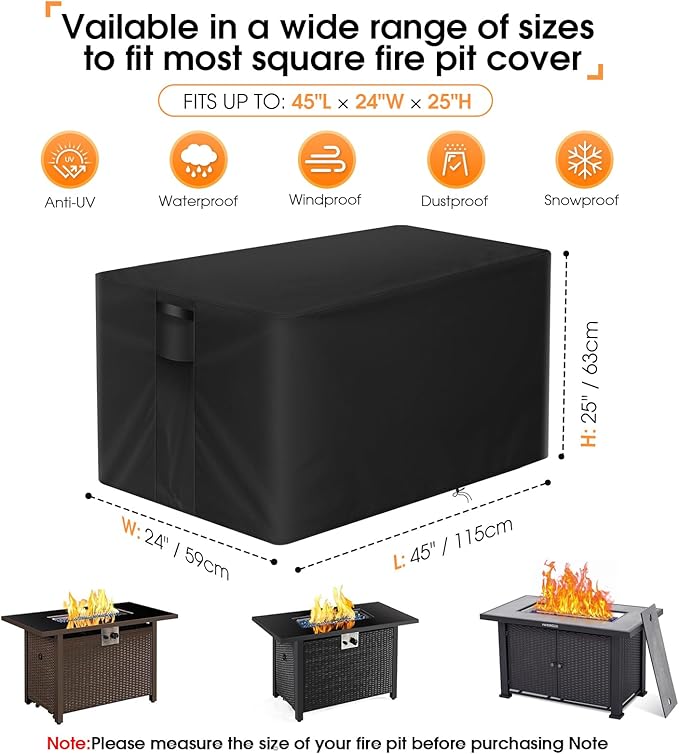 Rectangle Fire Pit Cover,Patio Fire Table Cover Gas Fire Table, Waterproof and Windproof, 45 x 24 x25Inches, Black