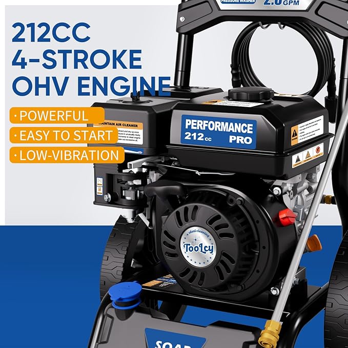 TOOLCY Gas Powered Pressure Washer 3400 PSI 2.8 GPM, 212cc Engine Gas Power Washer with Enhanced Pump, 30FT Pressure Washer Hose, Soap Tank, Pressure Gun & 5 Tips for Cars/Driveways/Homes/Patios