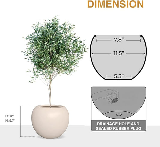 9.7"H x 12"D Globo Fiberstone Round Planter - Christmas Tree Planter, Smooth Finishes, Weather Resistant for Indoor & Outdoor Use, Included 2 Extra Coco Mats (Kilim Beige, 7.8" Pot Opening)