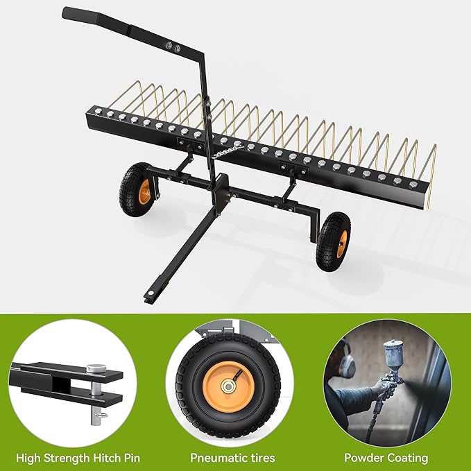 AUTOSAVER88 60" Tow Behind Steel Pine Straw Rake Durable Corrosion Resistant Lawn Rake
