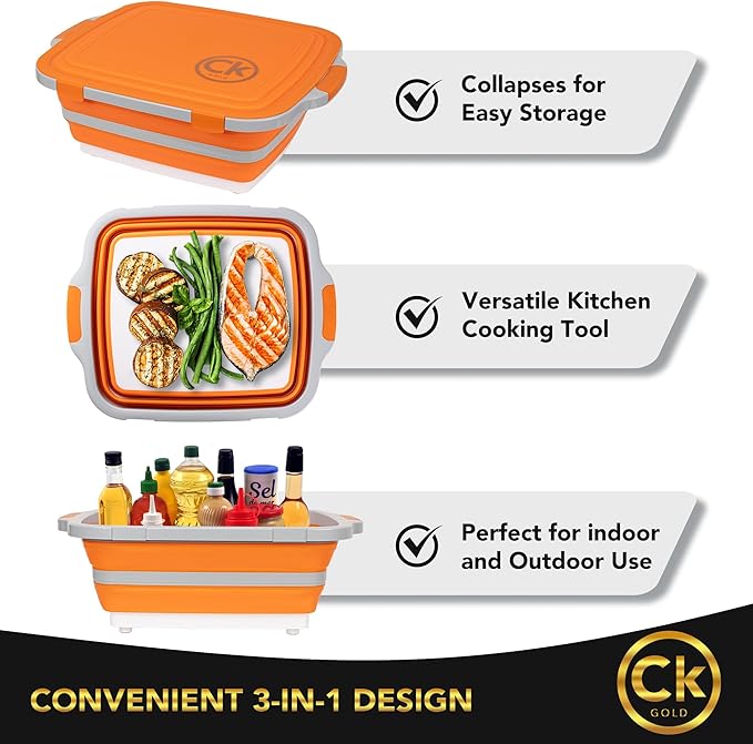 New XL Collapsible BBQ Prep Tub wtih LOCKING Lid, Cutting Board & Drain Hole | BPA-Free, Food-Grade, Recyclable, Space-Saving Caddy for Grilling, Camping, Kitchen & Outdoor Cooking (Orange, 16 Liters)