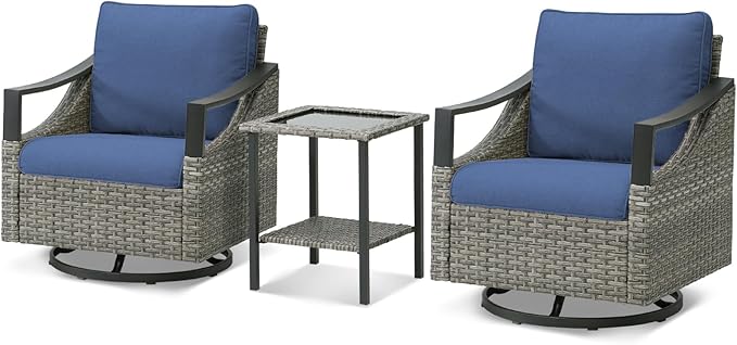 3 Pieces Outdoor Patio Furniture Sets - Wicker Swivel Patio Rocker Chairs Set of 2 with Glass Side Table, High Back Swivel Glider Chair with Deep Seating for Porch Deck Balcony Garden Gray/Blue