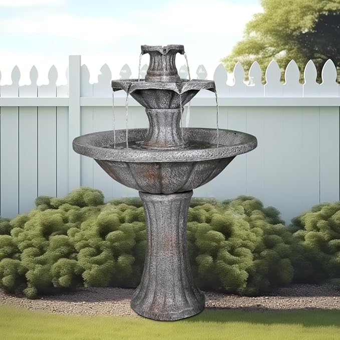 ourrco Marble Finish Concrete Outdoor Water Fountains 2-Tier Decor Dark Castle Designed 41.7" H Waterfall Fountains for Yard, Garden, Deck, Patio, Backyard, Porch, Lawn