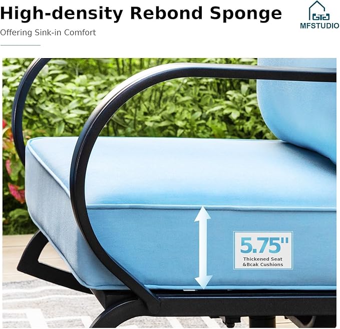MFSTUDIO 5 Pieces Patio Conversation Sets, Outdoor Metal Furniture Sofas with 1 x 28 50,000 BTU Square Propane Fire Table and 4 x Wrought Iron Frame Swivel Chairs with Blue Cushion