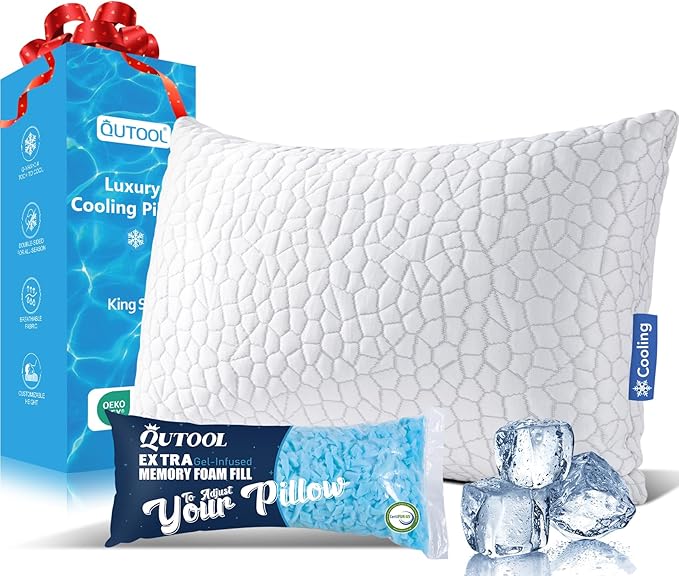 QUTOOL Shredded Memory Foam Pillows for Sleeping King Size Pillow, Cooling Gel Pillows for Hot Sleepers Cool Pillow for Side and Back Sleeper, Soft Yet Support Adjustable Bed Pillow, Home Gifts