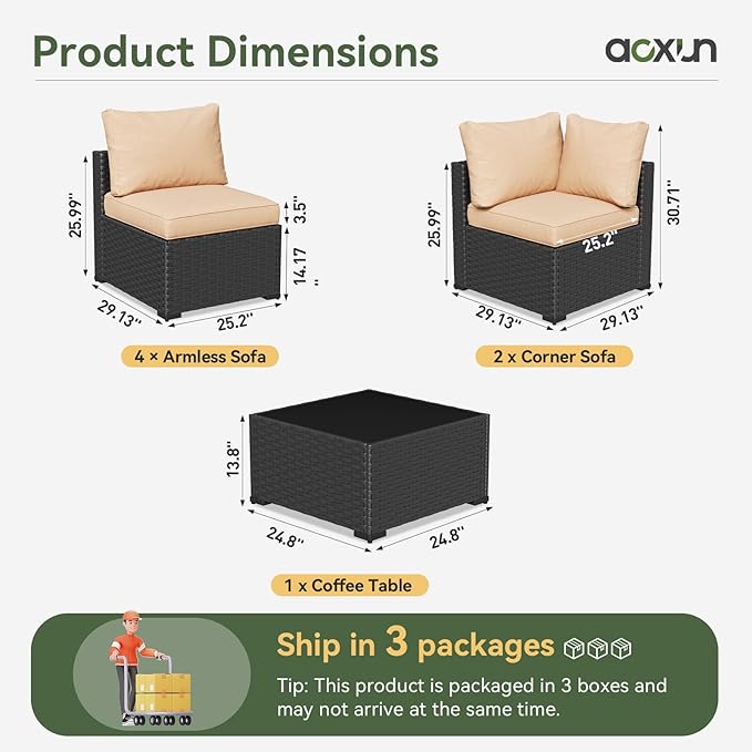 Aoxun 7 Piece Patio Furniture Set Rattan Rattan Patio Sectional Sofa Set Outdoor Seating Furniture with Thickened Cushion, Beige