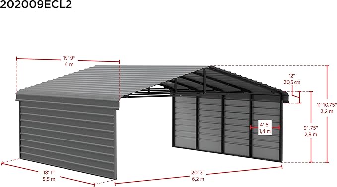 Arrow Carports Galvanized Steel Carport, with 2-Sided Enclosure, Compact Car Metal Carport Kit, 20' x 20' x 9', Eggshell