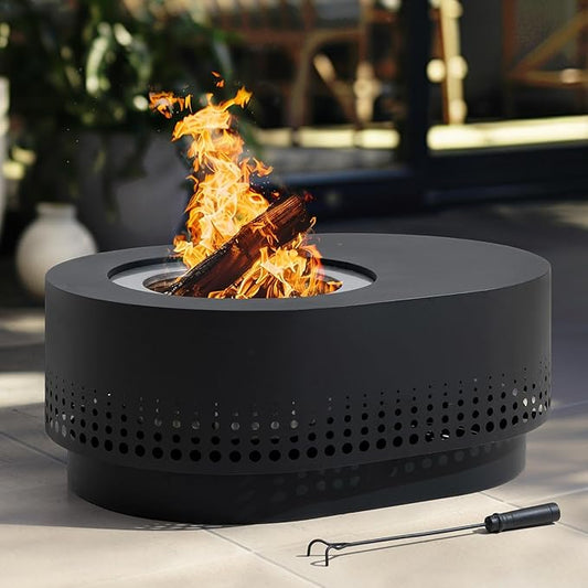 SUNJOY 38 in Smokeless Fire Pit with Table Top, Removable Ash Pan, Outdoor Portable Wood Burning Fireplace with PVC Cover and Fire Poker,Ideal for Camping, Bonfire, and Backyard, Black