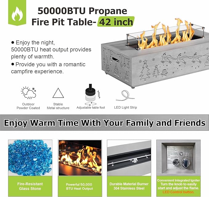 42" Propane Fire Pit Table with Christmas Cutout Decoration and LED Lights – 50,000 BTU with Wind Guard Glass, Lid, Rocks and Cover – Outdoor Fireplace (Light Grey/Christmas Golden, 42" LED)