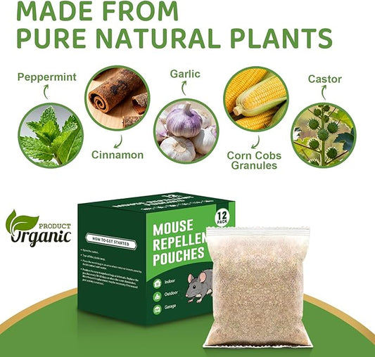 Mouse Repellent Pouches (12 Pack) - Powerful Mice Repellent Indoor & Outdoor, Long-Lasting Rodent Repellent with Natural Peppermint Oil - Safe for Pets & Family, for Use in Garage, Car, Garden