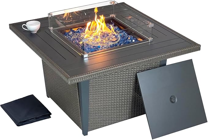 42 Inch Propane Gas Fire Pit Table, 50,000 BTU Outdoor Square Aluminum Fire Pit Table, Lid Wind + Guard + Weather Cover, CSA Certified 2 in 1 Rattan Fire Table for Patio, Garden, Backyard, Gray