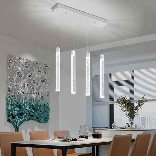 4-Lights Silver Modern Crystal Chandeliers for Dining Room Dimmable LED Adjustable Height Hanging Pendant Light for Kitchen Island,Bedroom,Over Table,Living Room