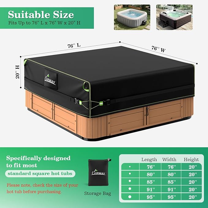Uirway Square Hot Tub Cover 76 x 76 x 20 Inch [2025 Upgraded 600D Heavy Duty Fabric] Waterproof Outdoor SPA Covers for Hot Tub, New Super Windproof Straps, Hot Tub Winter Cover Protector with Anti-UV