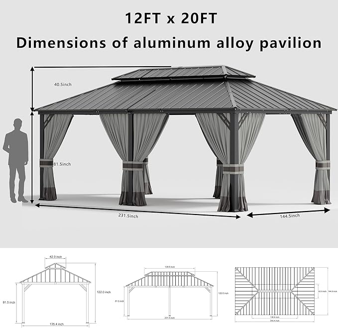 12x20ft Hardtop Gazebo Double Roof, Outdoor Pavilion with 2-Layer Hard top Galvanized Iron Frame Garden Tent, Suitable for courtyards, backyards, Decks, and Grass
