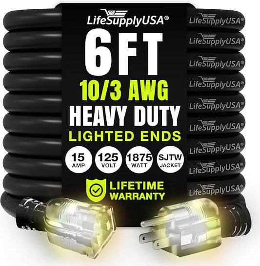 6ft Outdoor/Indoor Extension Cord 10/3 Gauge Ultra Heavy Duty 3 Prong SJTW, Waterproof, Flexible Cold-Resistant Long Power Cord,125 Amp 1875W, Black by LifeSupplyUSA