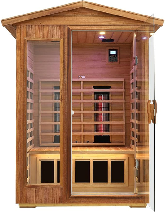 Outdoor Sauna 2 Person, Ceramic Infrared Saunas for Home, Ultra Low EMF Infrared Sauna, Mahogany Wood Home Sauna Room with Bluetooth Speakers, LED Reading Lamps, Chromotherapy Lights