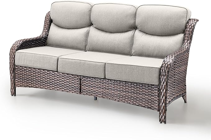 Luxury Patio Sofa 3-Seat Wicker Couch with 6" Thick Cushion - Outdoor Furniture Rattan Sofa with Deep Seating High Back Outdoor Sofa for Patio Garden Balcony Sunroom Backyard, Brown | Beige