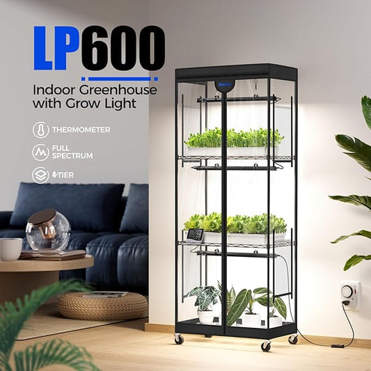 Barrina LP600 Indoor Greenhouse with Grow Light, 75W TX-S25 1.6FT 5000K, 4-Tier Plant Stand with Full Spectrum Lights, Plant Shelf with Tent, Timer & Thermometer for Seed Trays,Growth,23.6x13.8x59.1IN