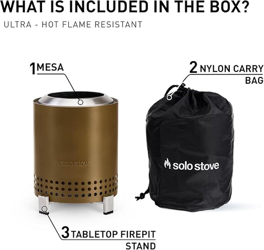 Solo Stove Mesa, 5.1 Inch Tabletop Fire Pit with Stand - Smokeless, Stainless Steel Fire Pit for Camping, Outdoor & Patio- Wood Burning or Pellet Fueled Portable Bonfire, 1.4lbs, Bronze