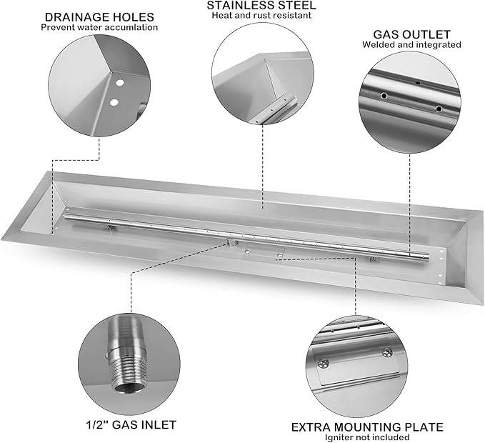 Stanbroil 36 x 6 Inch Linear Fire Pit Kit with Spark Ignition Kits, 304 Stainless Steel Propane Gas Firepit Insert for Outdoor DIY Firepit Project - Propane Gas Version