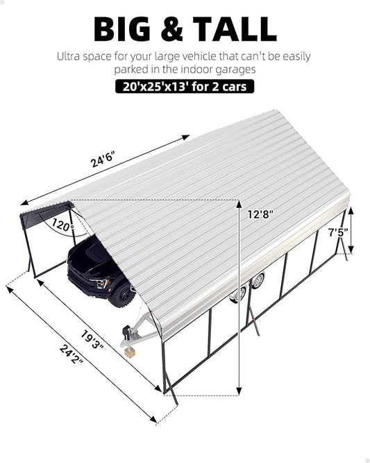 Garveelife 20'x25'x13' Metal Carport for 2 Cars, Heavy Duty Car Ports for Heavy Snow, Reinforced Frame, Tall Metal Car Ports for Bass Boats, Full-Sized Pickup Trucks, and Tractors, N.W. 980 Lbs