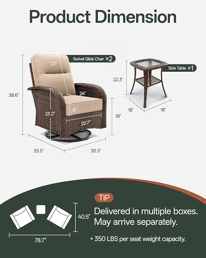 3-Piece Patio Furniture Set with 6-Inch Thick Cushions, High Back Outdoor Swivel Rocker Chairs and Table, All-Weather Conversation Set for Porch, Deck, Balcony, Yard in Beige