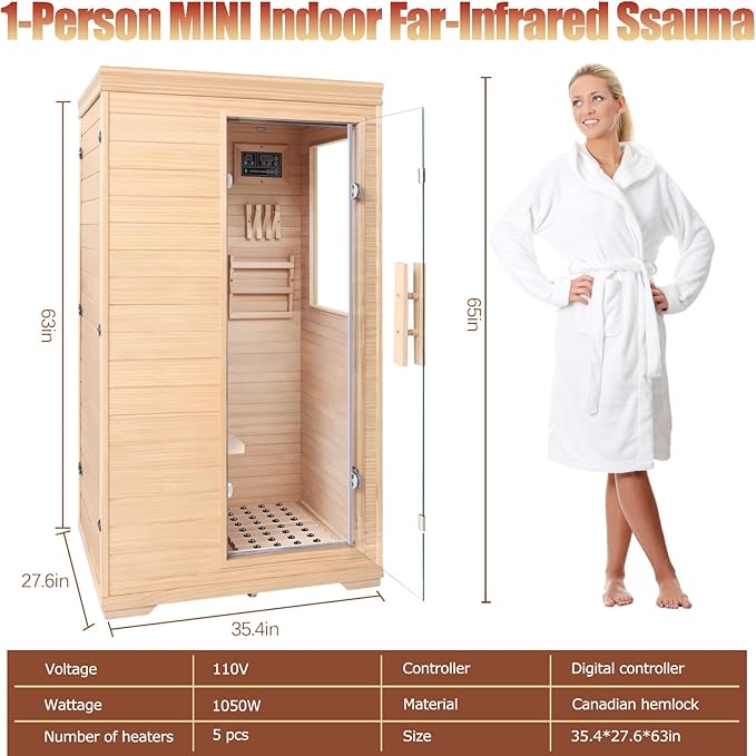 Far Infrared Sauna for 1 Person, Indoor Low EMF Infrared Wooden Dry Sauna for Home with 5 Low EMF Heating Panels, Side-Opening Door, Digital Control, Bluetooth Speakers, Home Spa Therapy